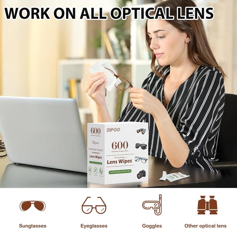 Dipoo 600 Count Lens Wipes for Eyeglasses, Eye Glasses Cleaner Wipes Pre-moistened Individually Wrapped Sracth-Free Streak-Free Eyeglasses Cleaning for Sunglass, Camera Lens, Goggles - Image 3